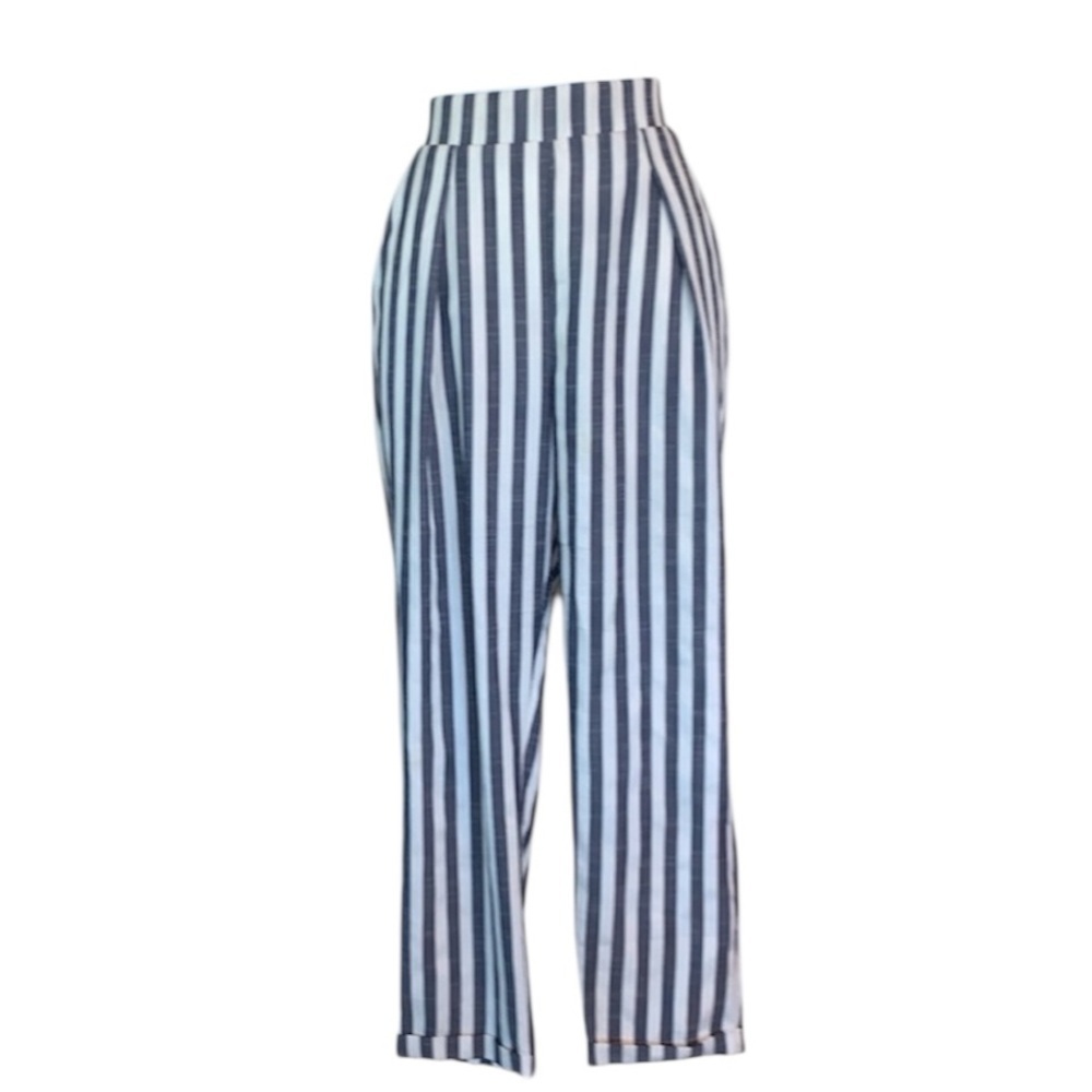 Stradivarius pants, Women's M, striped blue/white, pleats, elastic waist. EUC